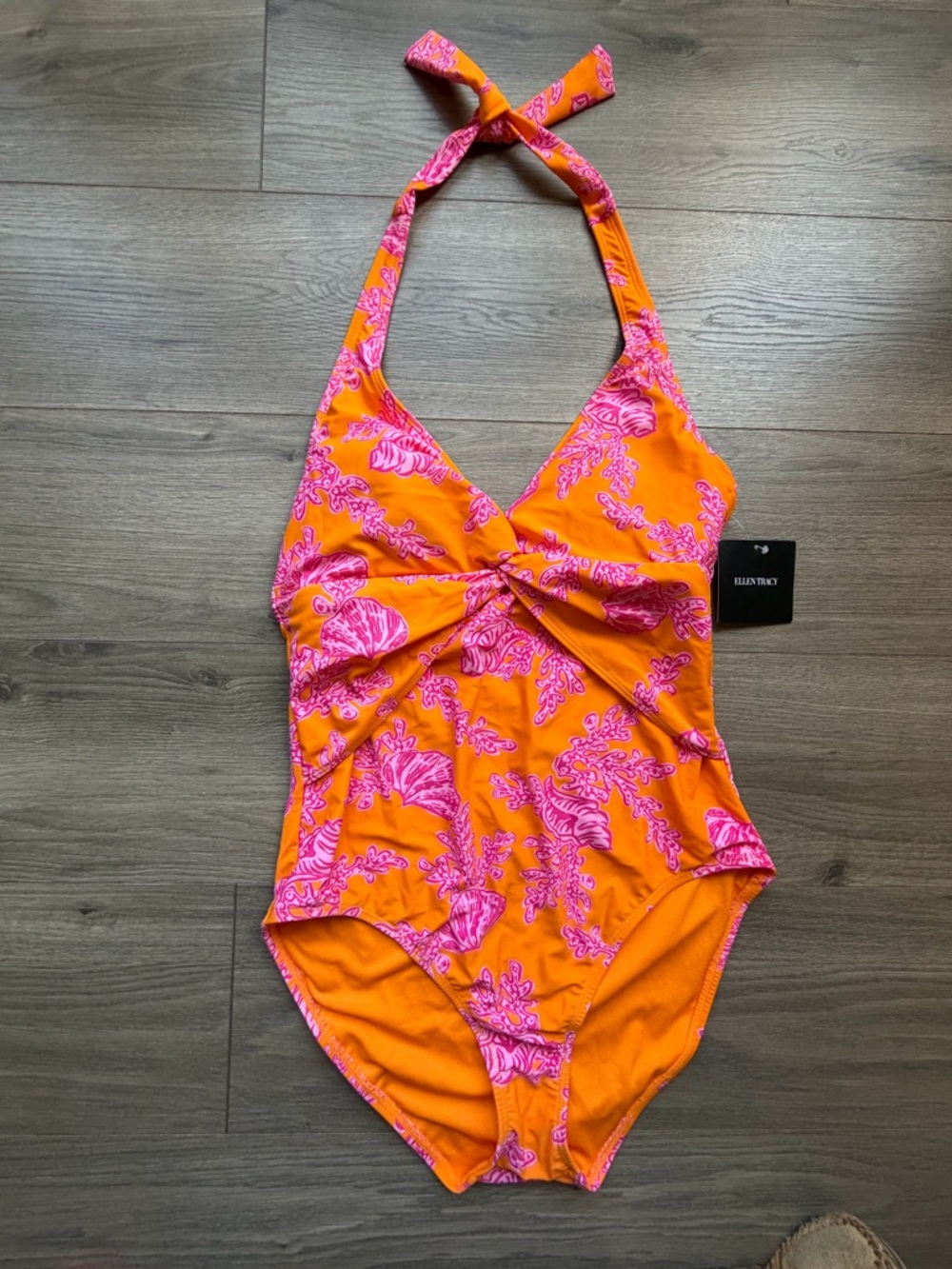 Ellen Tracy Women’s Orange & Pink Halter One-Piece Swimsuit XL Size 14 Retail$98